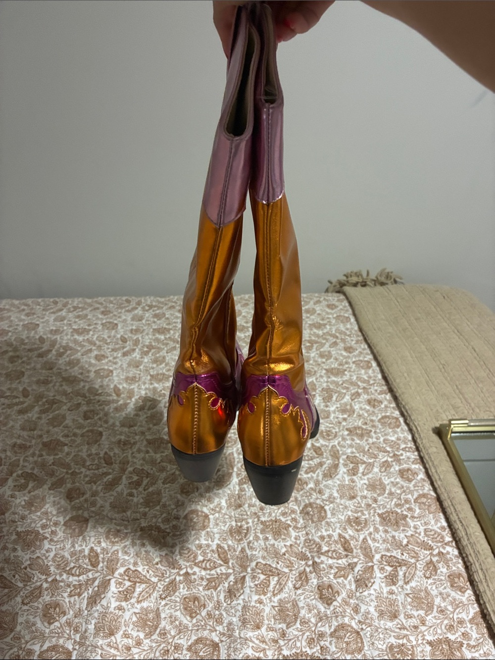 Metallic Pink and Gold Pointed-Toe Heeled Boots - Picture 3 of 4